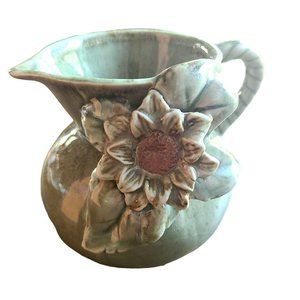 Artisan Pottery Art Vase Pitcher 3-D Flower Leaf Rope Look Handle Green Speckled